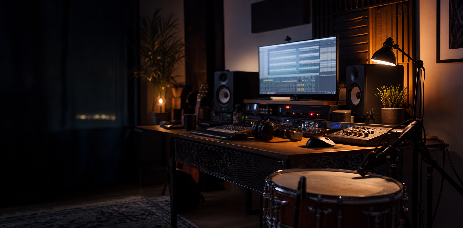 Night-time home music studio with instruments and recording equipment